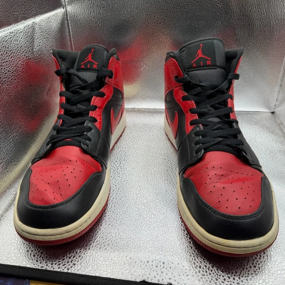 Size 13 Air Jordan 1 Mid Banned‎ Black University Red Mens Sneakers 554724-074